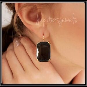 NEW GOLD MEGA EMERALD CUT SIMULATED DARK JET BLACK ONYX CUSHION EARRINGS
